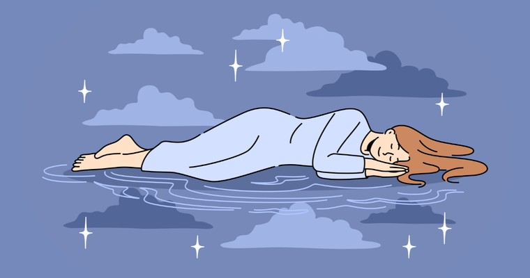 Cartoon image of a woman sleeping among the stars and clouds.