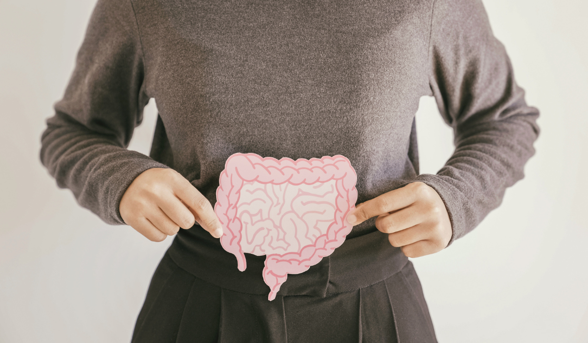 A woman’s torso holding a graphic image of the large and small intestine over her stomach