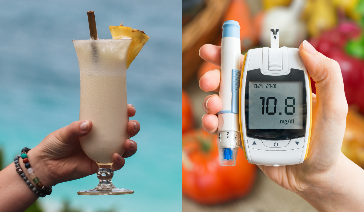 Hand holding a frozen alcohol drink, hand holding a blood glucose testing device.