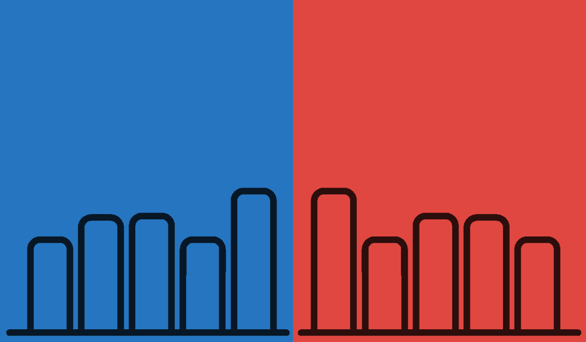 Bar graphs graphics over blue and red.