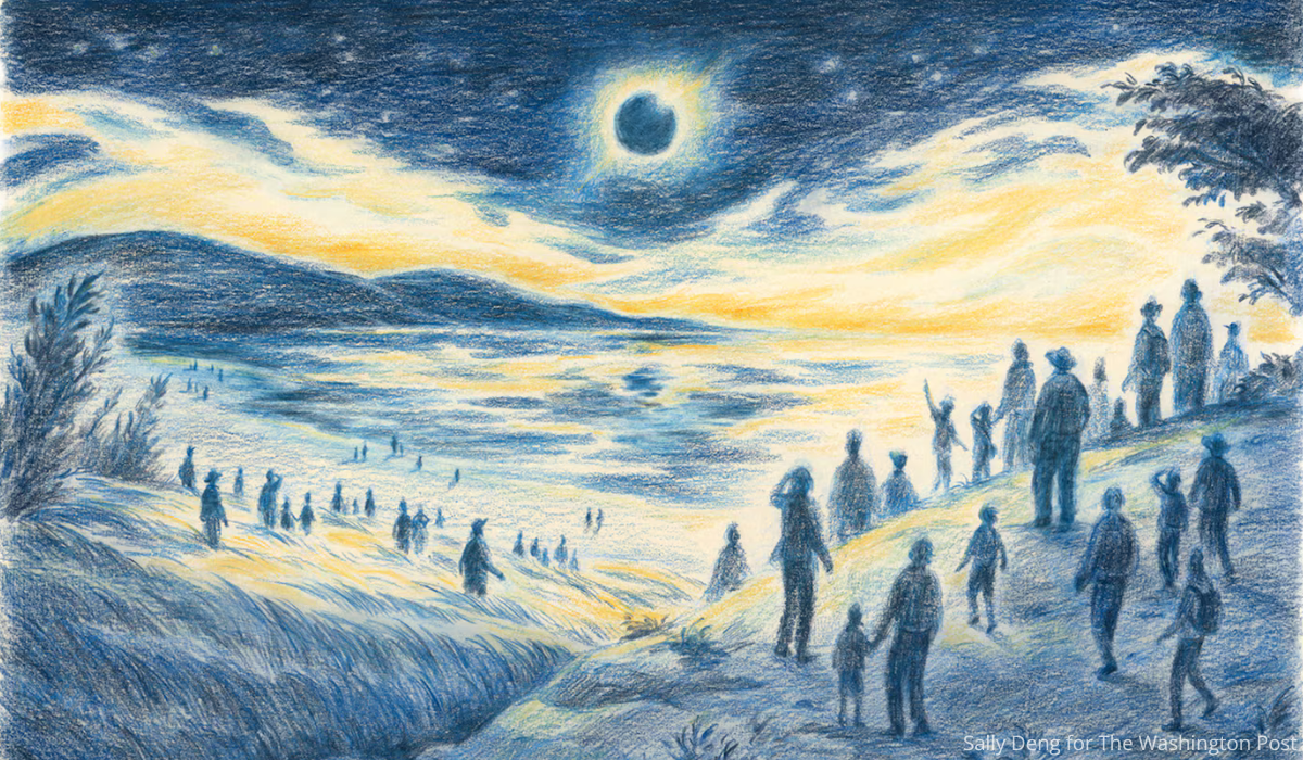 Blue and yellow illustration of a few dozen people watching the solar eclipse by Sally Deng for The Washington Post.