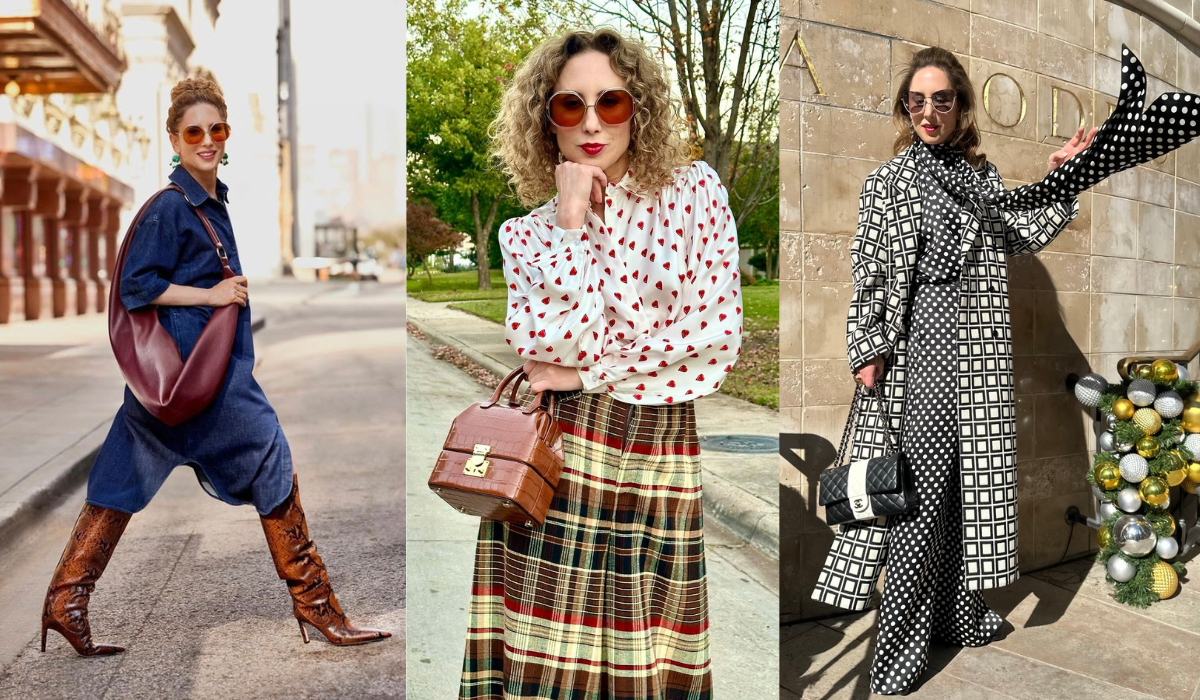 Carla Rockmore struts across the street, poses in a plaid and heart patterned outfit, black and white pattern ensemble.