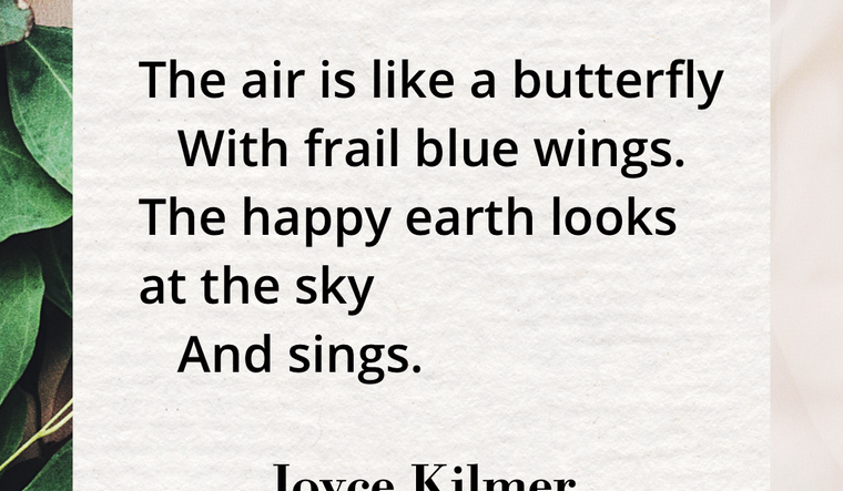 Cream beige image with green leaves. Easter by Joyce Kilmer, full text on page below.