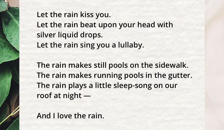Cream beige image with green leaves. April Rain Song by Langston Hughes, full text on page below.