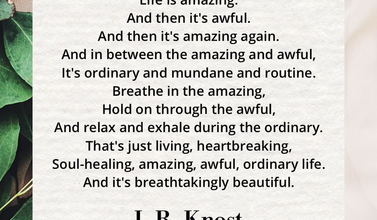 Cream beige image with green leaves. Life by L.R. Knost, full text on page below.