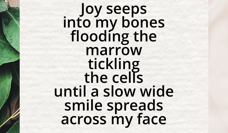 Cream beige image with green leaves. Joy by Juliet Fay, full text on page below.