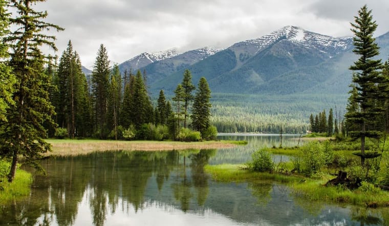 Lake and snow-capped mountain landscape