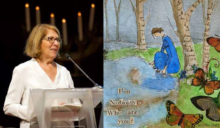 Elizabeth Lesser and art showing a woman kneeling by a stream with the words "I'm Nobody - Who are you?"