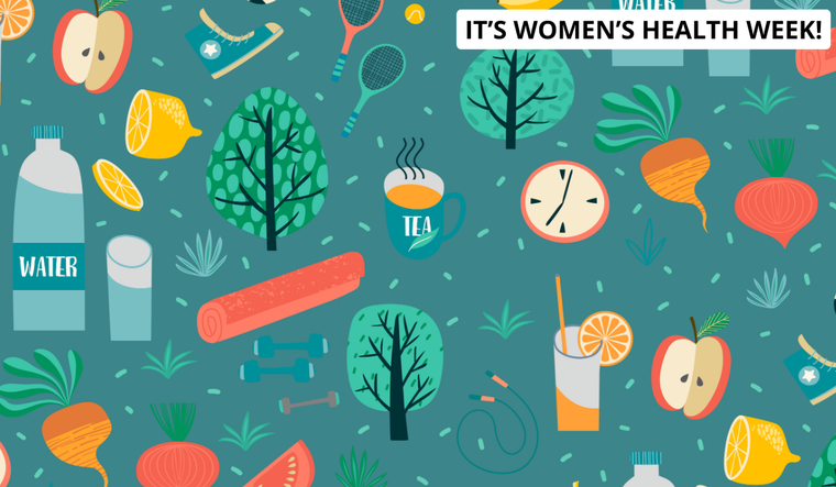 Women's Health Week print with water, trees, weights, tea, fruit and vegetables.