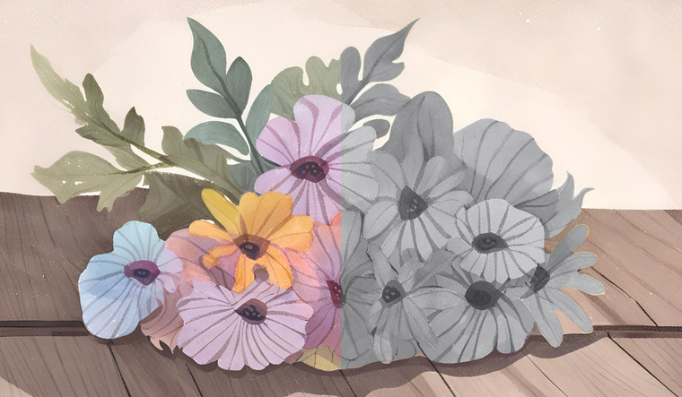 Image of painted flowers, half in color and half in black and white.