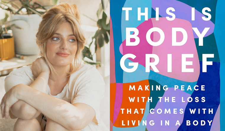 Author Jayne Mattingly and book cover for "This Is Body Grief"
