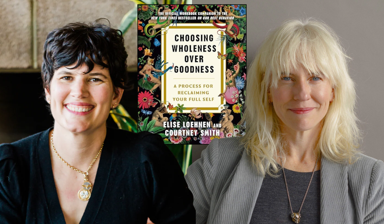 Author Elise Loehnen and Coach Courtney Smith with their book cover Choosing Wholeness Over Goodness.