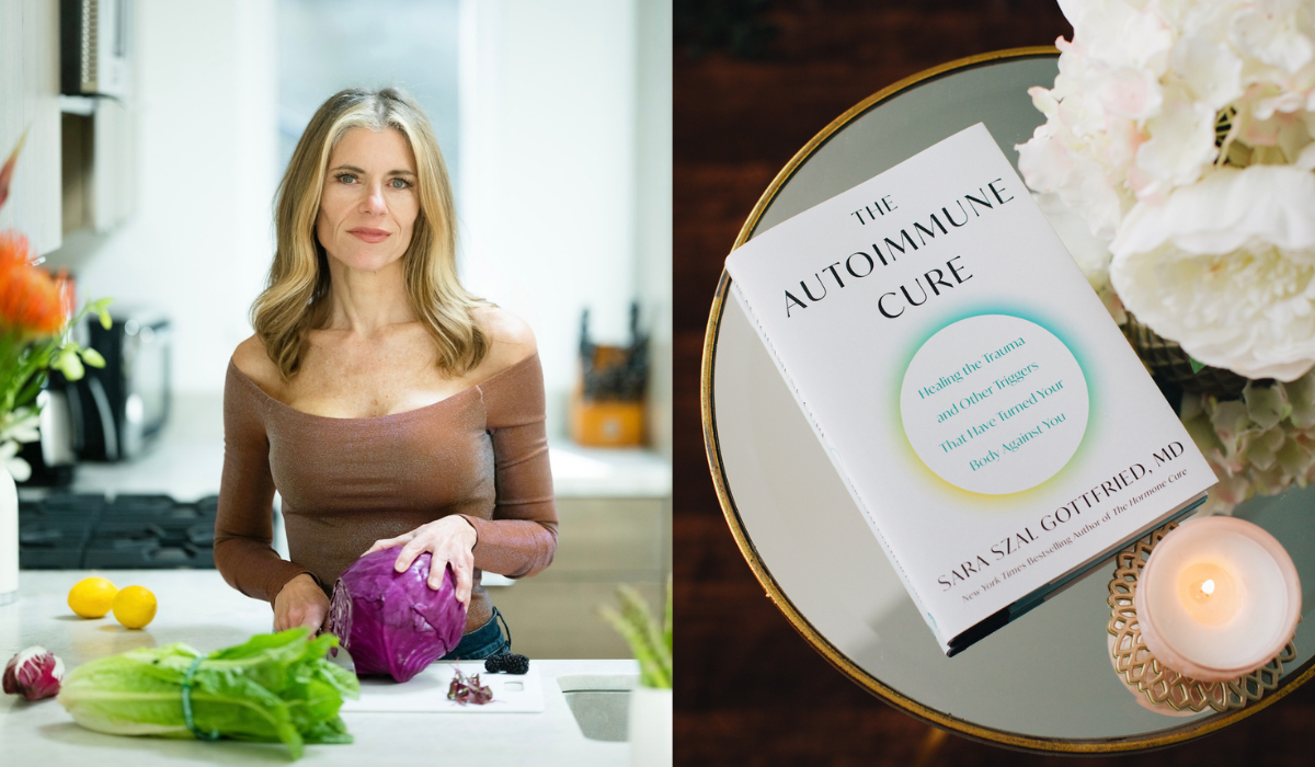 Dr. Sara Szal Gottfried chops vegetables. Her book, The Autoimmune Cure.